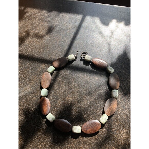Jasper Stone Green Wood Beaded Necklace Artisan Earthy Boho Handmade Peace Stone - Picture 3 of 7